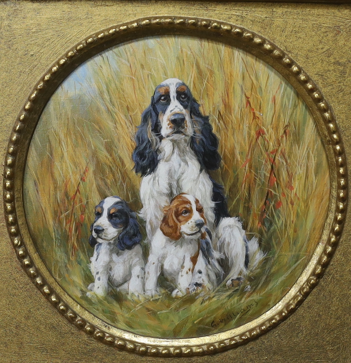 Glynn Williams, (Modern British), tondo oil on board, 'Spaniels', signed, label verso, 14.5 x 14.5cm, ornate gilt framed